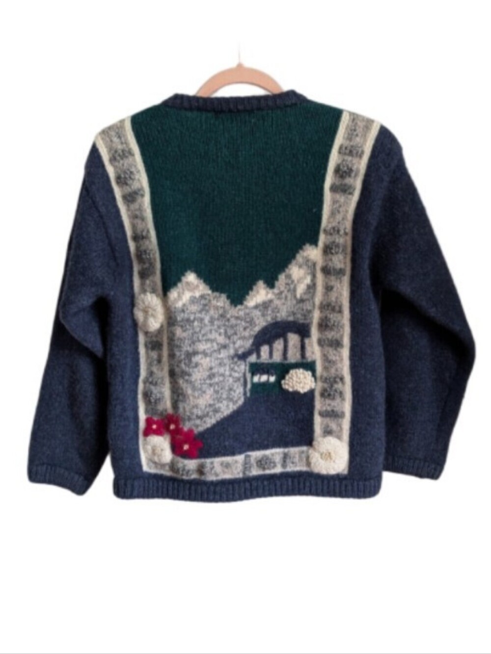 VINTAGE Navy Alpine Scene Cabin Dainty Knit Shetland Wool Cardigan Size Large